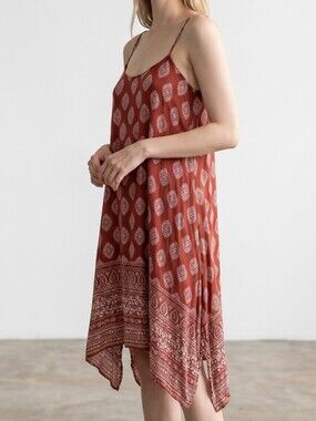 Boho Rust Red Printed Midi Slip Dress with Spaghetti Straps